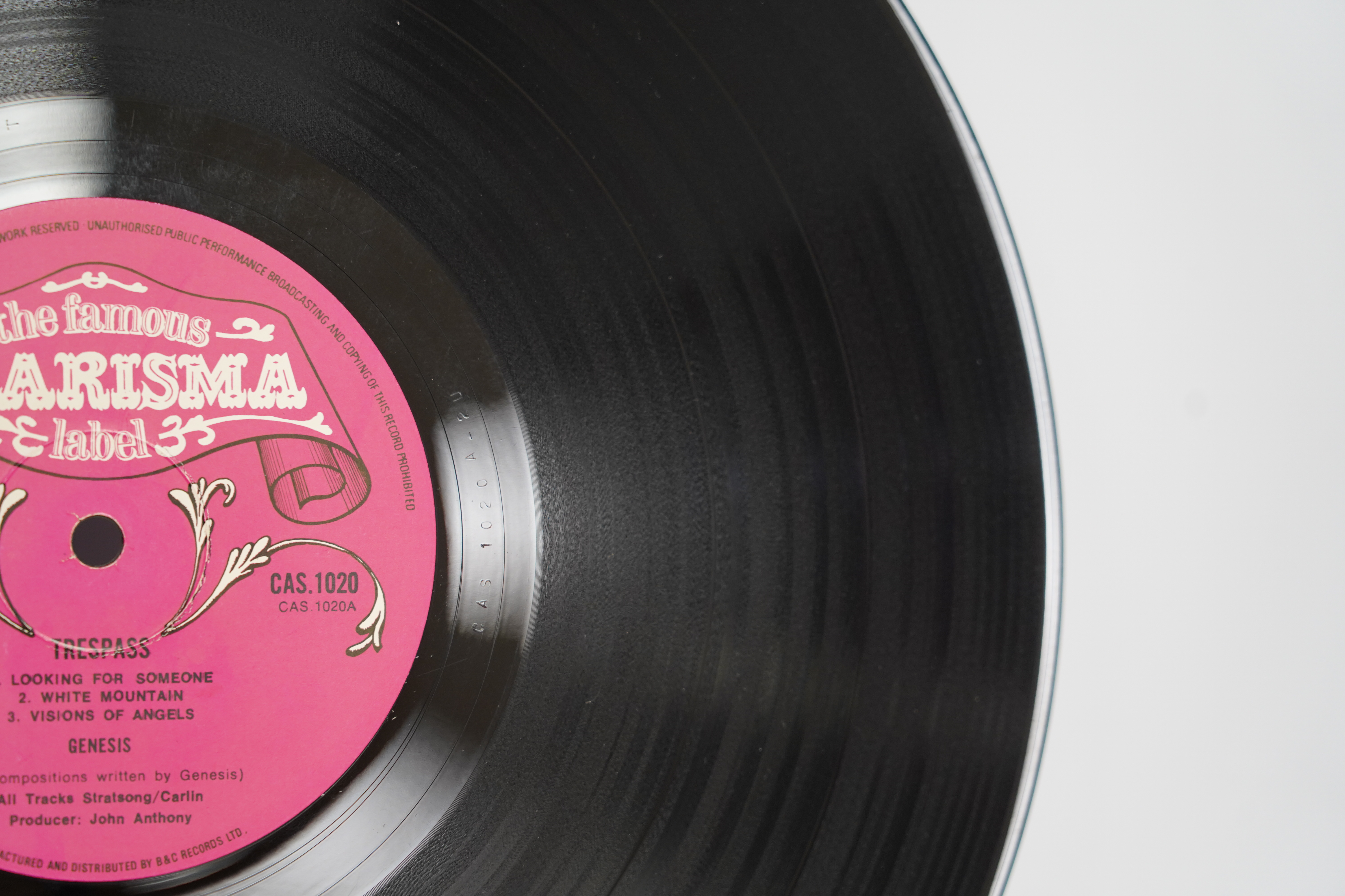 Genesis; Trespass LP record album, on pink scroll Charisma label, CAS.1020, with inner lyric sheet and textured gatefold cover